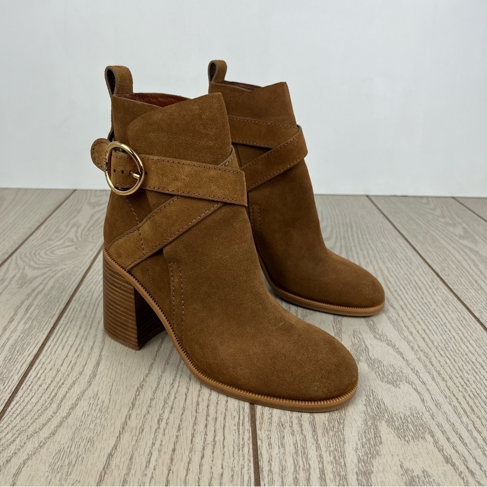 See by Chloé Suede Buckle Ankle Booties 37 Tobacco (Tan) & Goldtone Metal $525